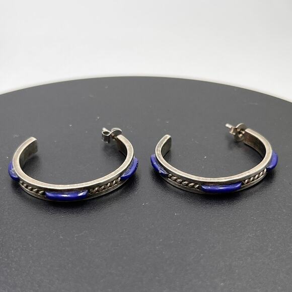 Blue Lapis Lazuli Inlay Vintage Sterling 925 Rope channel Hoop Pierced Earring - Picture 7 of 7